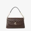 Curve Top Handle chocoladekleurige gewatteerde Biker-leren schoudertas met parelversieringen
