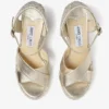 Dellena 100 champagnekleurige nappaleren sleehak sandalen met metallic touwdraad Dellena 100 champagnekleurige nappaleren sleehak sandalen met metallic touwdraad