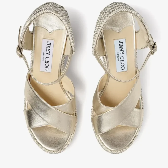 Dellena 100 champagnekleurige nappaleren sleehak sandalen met metallic touwdraad Dellena 100 champagnekleurige nappaleren sleehak sandalen met metallic touwdraad