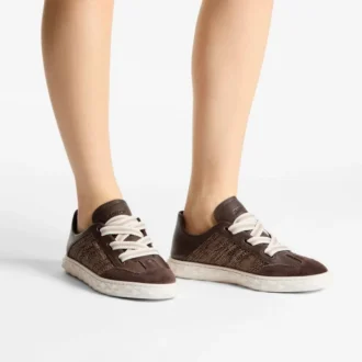 Diamond Light Flex F Chocoladebruin en Latte-kleurige leren mix en fijne raffia sneakers