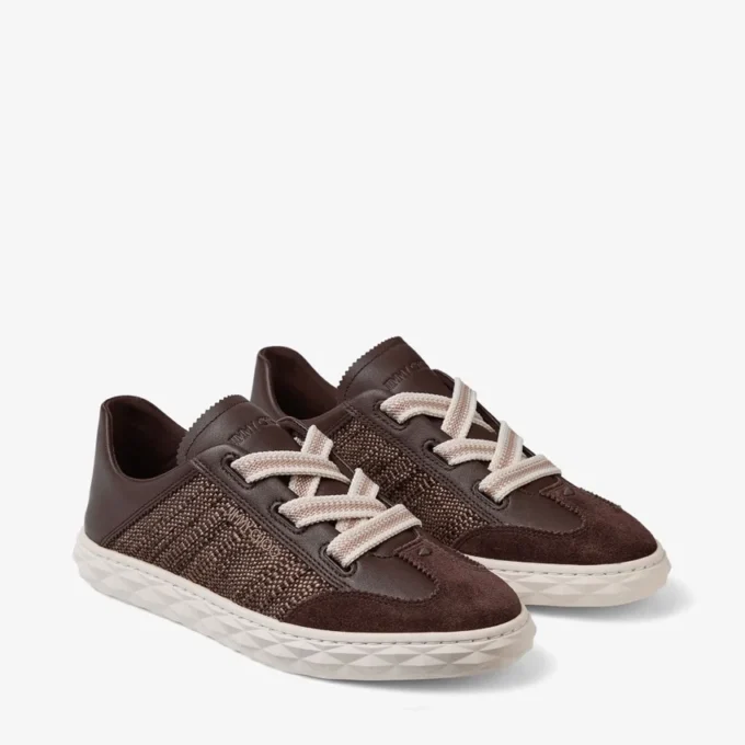 Diamond Light Flex F Chocoladebruin en Latte-kleurige leren mix en fijne raffia sneakers