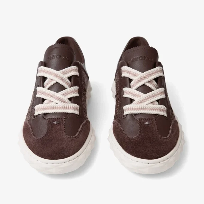 Diamond Light Flex F Chocoladebruin en Latte-kleurige leren mix en fijne raffia sneakers