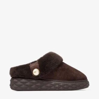 Diamond Maxi Mule F Chocoladebruine suède muiltjes met schapenvacht