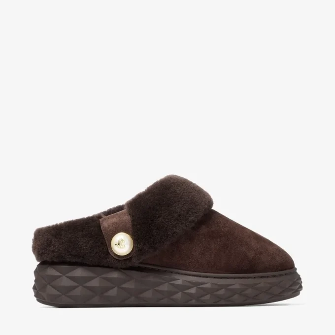 Diamond Maxi Mule F Chocoladebruine suède muiltjes met schapenvacht