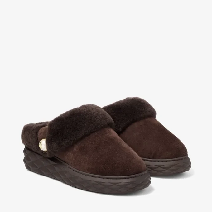 Diamond Maxi Mule F Chocoladebruine suède muiltjes met schapenvacht