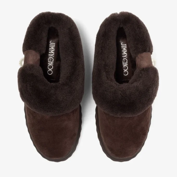 Diamond Maxi Mule F Chocoladebruine suède muiltjes met schapenvacht