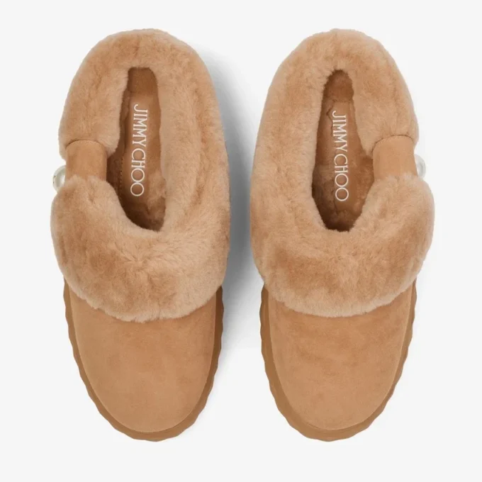 Diamond Maxi Mule F Toffee suède muiltjes met schapenvacht