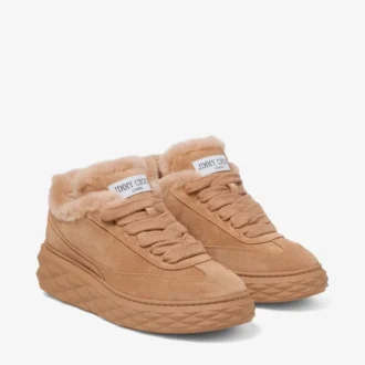 Diamond Maxi Retro F Toffee-kleurig fluweel suède lage sneakers met schapenvacht