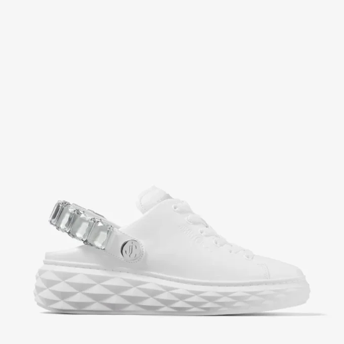 Diamond Sling witte nappaleren slippers met kristallen band
