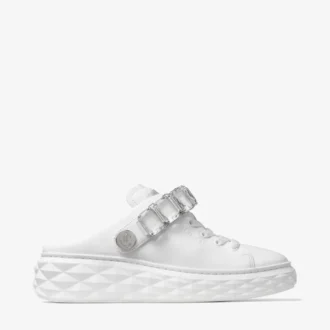 Diamond Sling witte nappaleren slippers met kristallen band