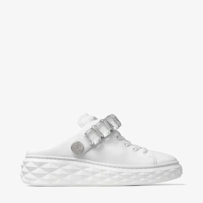 Diamond Sling witte nappaleren slippers met kristallen band