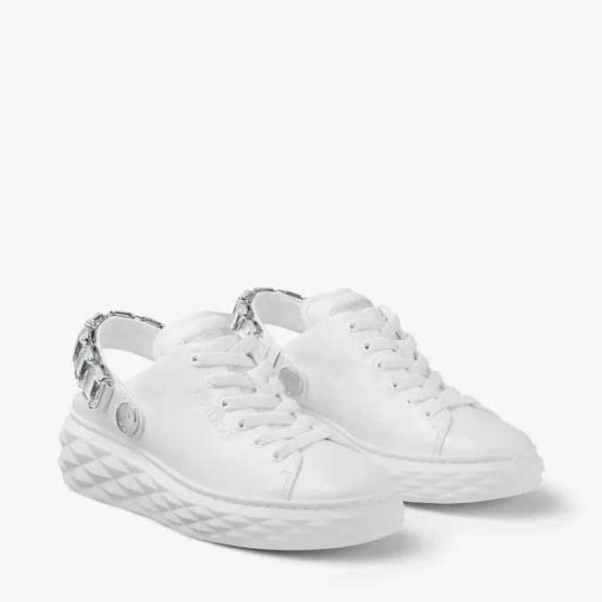 Diamond Sling witte nappaleren slippers met kristallen band
