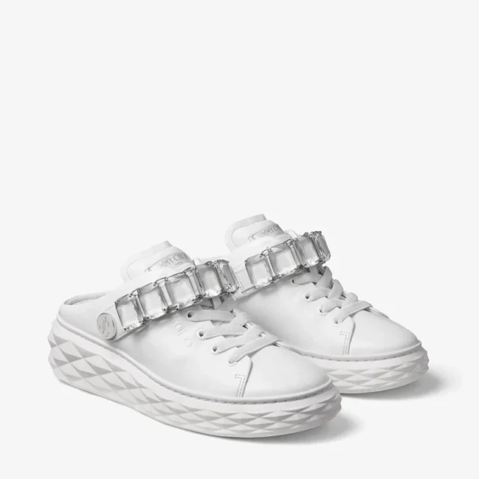 Diamond Sling witte nappaleren slippers met kristallen band