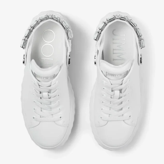 Diamond Sling witte nappaleren slippers met kristallen band