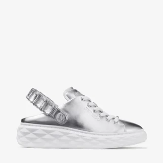 Diamond Sling zilverkleurige metallic leren slippers met kristallen band
