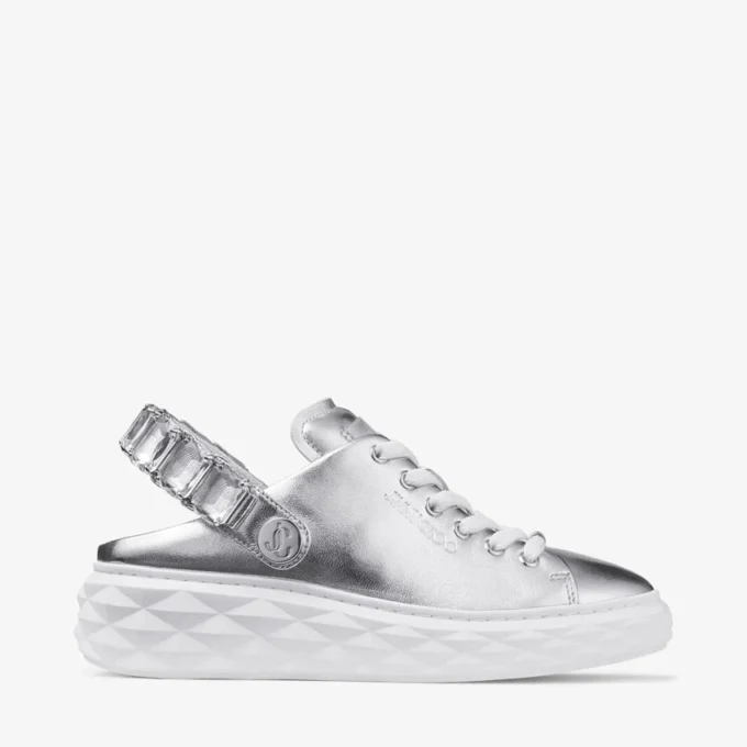 Diamond Sling zilverkleurige metallic leren slippers met kristallen band Diamond Sling zilverkleurige metallic leren slippers met kristallen band