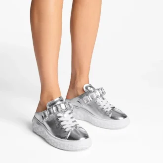 Diamond Sling zilverkleurige metallic leren slippers met kristallen band