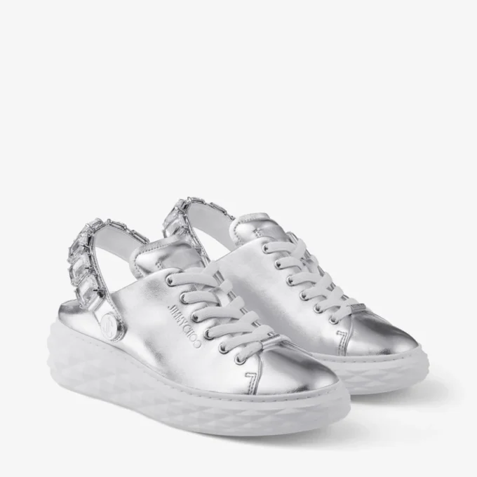 Diamond Sling zilverkleurige metallic leren slippers met kristallen band Diamond Sling zilverkleurige metallic leren slippers met kristallen band