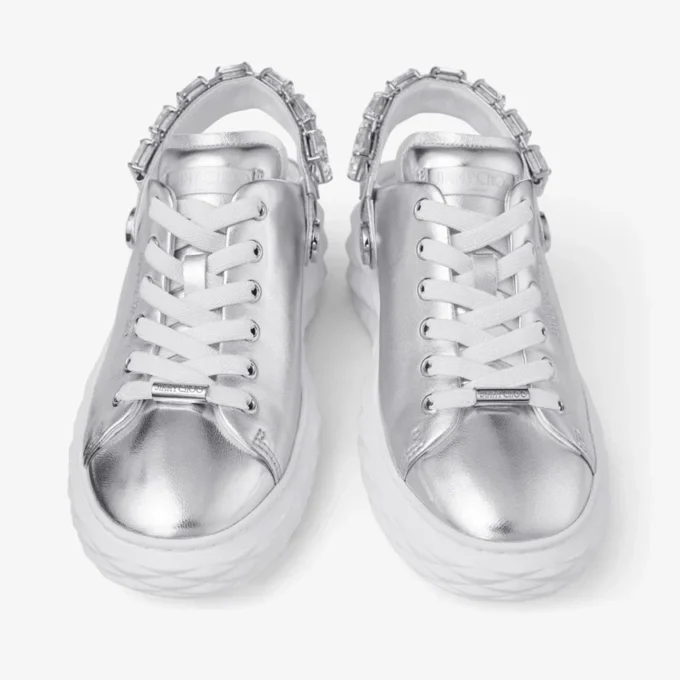 Diamond Sling zilverkleurige metallic leren slippers met kristallen band Diamond Sling zilverkleurige metallic leren slippers met kristallen band