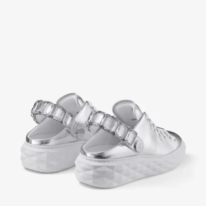 Diamond Sling zilverkleurige metallic leren slippers met kristallen band Diamond Sling zilverkleurige metallic leren slippers met kristallen band