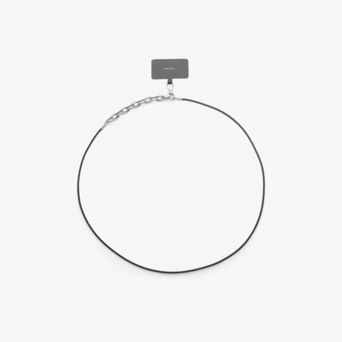 Dm-riem telefoonhouder Zwarte leren telefoonhouder met ketting en Diamond-detail Dm-riem telefoonhouder Zwarte leren telefoonhouder met ketting en Diamond-detail