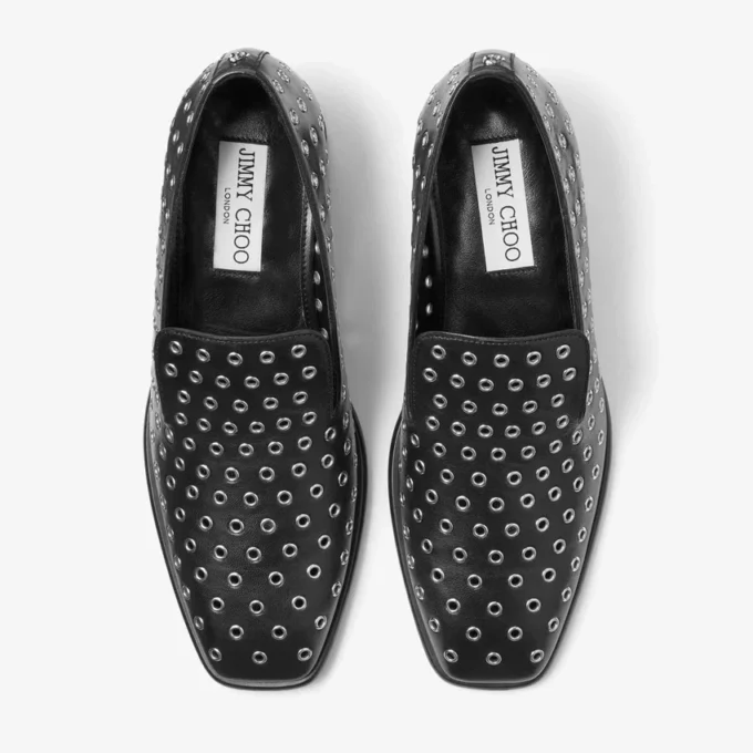 Eliot Slipper 45 Heren Slippers van Zwart Metallic Nappaleer met Oogjes Eliot Slipper 45 Heren Slippers van Zwart Metallic Nappaleer met Oogjes