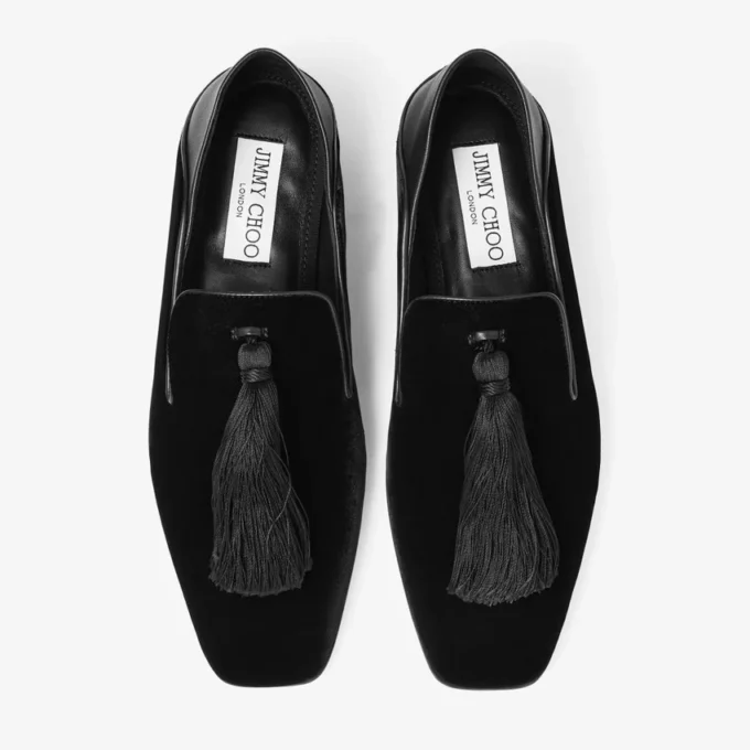 Eliot Slipper Heren Zwart Fluwelen Pantoffels met Kwast Eliot Slipper Heren Zwart Fluwelen Pantoffels met Kwast