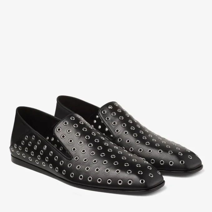 Eliot Slipper Heren Zwarte Metallic Nappalederen Slippers met Oogjes Eliot Slipper Heren Zwarte Metallic Nappalederen Slippers met Oogjes