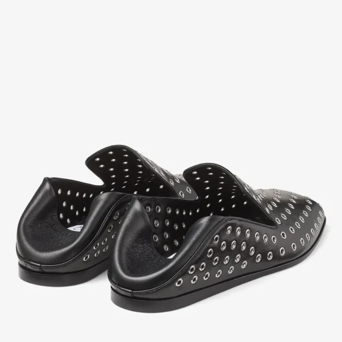 Eliot Slipper Heren Zwarte Metallic Nappalederen Slippers met Oogjes Eliot Slipper Heren Zwarte Metallic Nappalederen Slippers met Oogjes