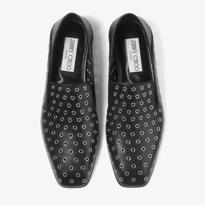 Eliot Slipper Heren Zwarte Metallic Nappalederen Slippers met Oogjes Eliot Slipper Heren Zwarte Metallic Nappalederen Slippers met Oogjes