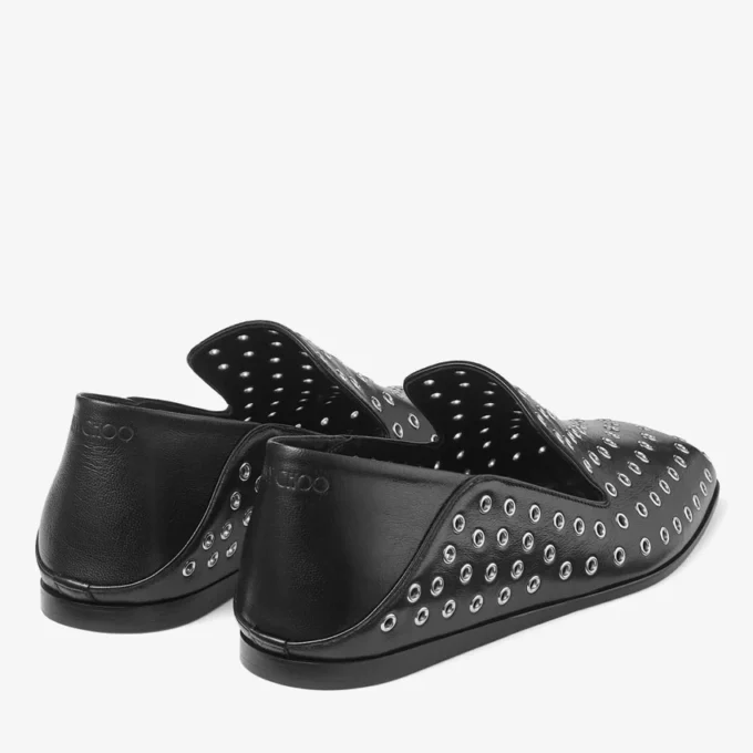 Eliot Slipper Heren Zwarte Metallic Nappalederen Slippers met Oogjes Eliot Slipper Heren Zwarte Metallic Nappalederen Slippers met Oogjes