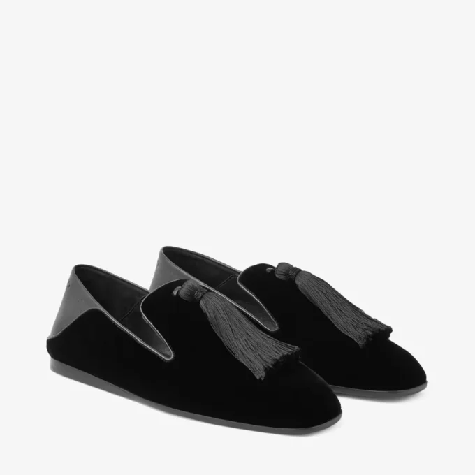 Eliot-slipper Zwarte fluwelen pantoffels met kwastje Eliot-slipper Zwarte fluwelen pantoffels met kwastje