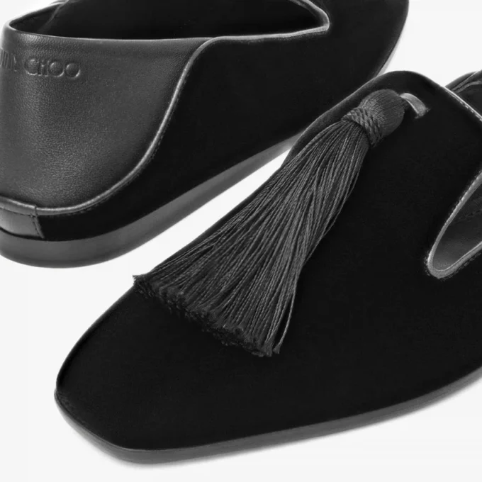 Eliot-slipper Zwarte fluwelen pantoffels met kwastje Eliot-slipper Zwarte fluwelen pantoffels met kwastje