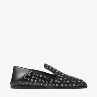 Eliot-slipper Zwarte metallic nappaleer slippers met oogjes
