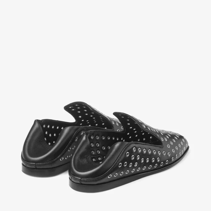 Eliot-slipper Zwarte metallic nappaleer slippers met oogjes Eliot-slipper Zwarte metallic nappaleer slippers met oogjes