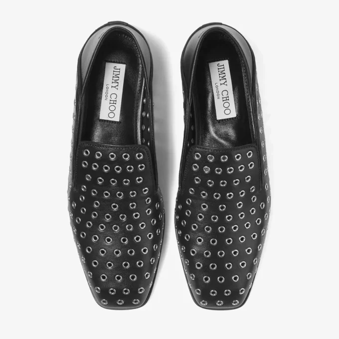 Eliot-slipper Zwarte metallic nappaleer slippers met oogjes Eliot-slipper Zwarte metallic nappaleer slippers met oogjes