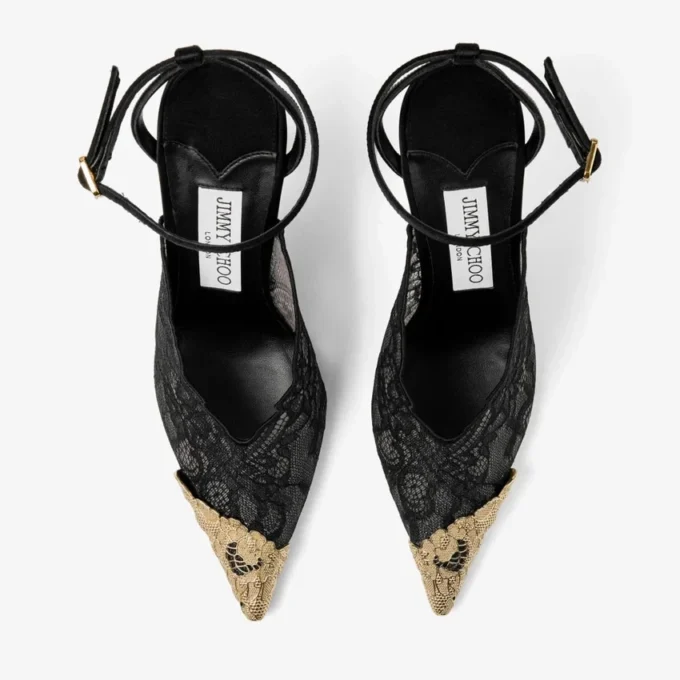 Faiz 100 Zwarte Jimmy Choo-pumps met kant en metalen kanten details Faiz 100 Zwarte Jimmy Choo-pumps met kant en metalen kanten details