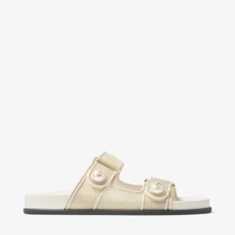 Fayence-sandaal Champagne metallic lakslederen sandalen met parels
