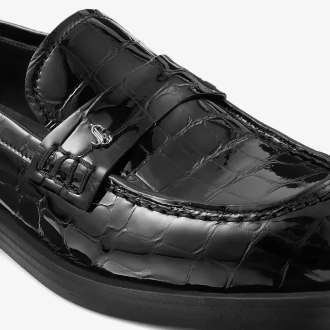 Ivy Loafer Zwarte loafers van leer met krokodillenreliëf