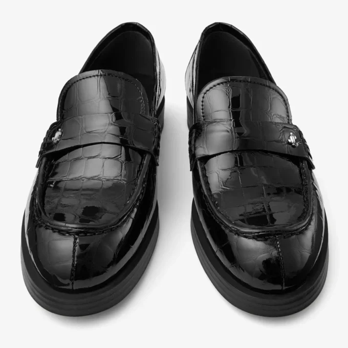 Ivy Loafer Zwarte loafers van leer met krokodillenreliëf