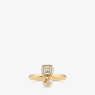 Jc Pearl Cube Ring Gouden metalen ring met parel en kristallen kubus Jc Pearl Cube Ring Gouden metalen ring met parel en kristallen kubus