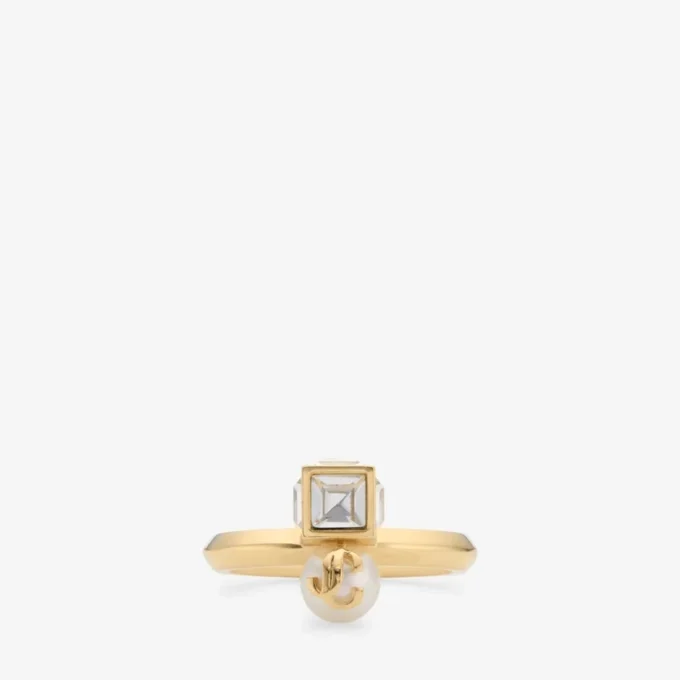 Jc Pearl Cube Ring Gouden metalen ring met parel en kristallen kubus