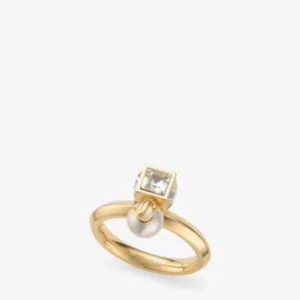 Jc Pearl Cube Ring Gouden metalen ring met parel en kristallen kubus Jc Pearl Cube Ring Gouden metalen ring met parel en kristallen kubus