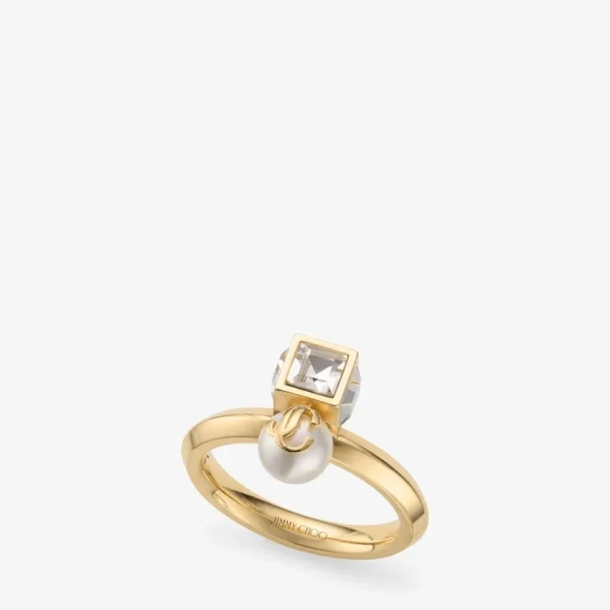 Jc Pearl Cube Ring Gouden metalen ring met parel en kristallen kubus