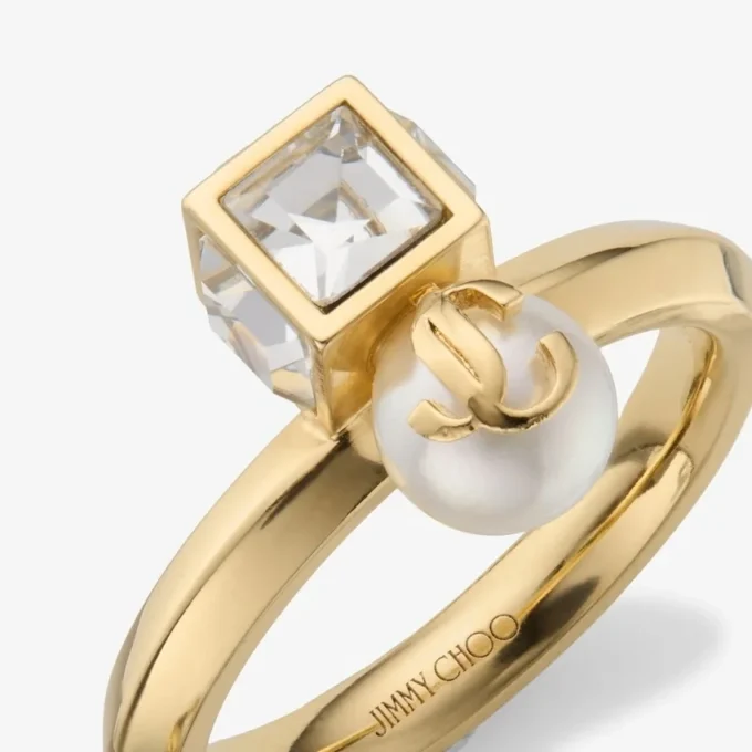 Jc Pearl Cube Ring Gouden metalen ring met parel en kristallen kubus