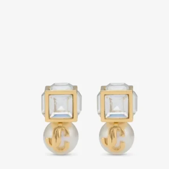 Jc Pearl Cube Studs Gouden metalen oorbellen met parel en kristallen kubus Jc Pearl Cube Studs Gouden metalen oorbellen met parel en kristallen kubus