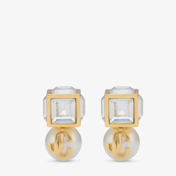 Jc Pearl Cube Studs Gouden metalen oorbellen met parel en kristallen kubus