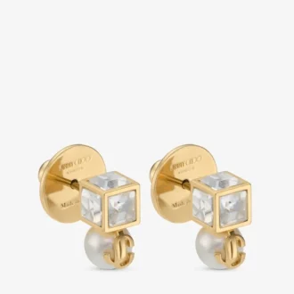 Jc Pearl Cube Studs Gouden metalen oorbellen met parel en kristallen kubus Jc Pearl Cube Studs Gouden metalen oorbellen met parel en kristallen kubus