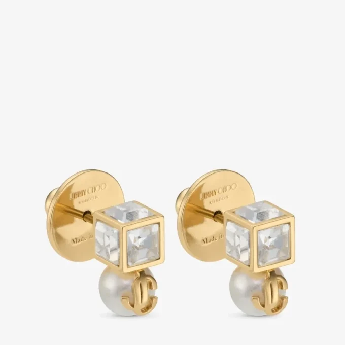 Jc Pearl Cube Studs Gouden metalen oorbellen met parel en kristallen kubus