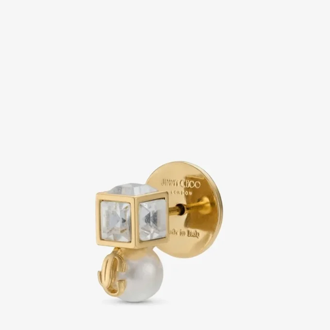 Jc Pearl Cube Studs Gouden metalen oorbellen met parel en kristallen kubus